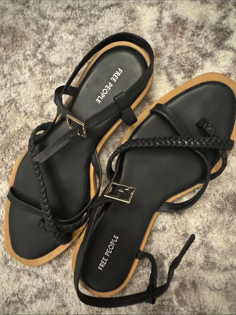 NEW Free People Sunny Days Leather Black Braided Strap Flat Sandals